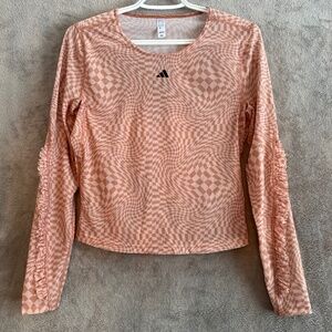 adidas Print Clash Yoga Top Medium L/S Sheer Clay Brown Pink Check Ruffle Girly